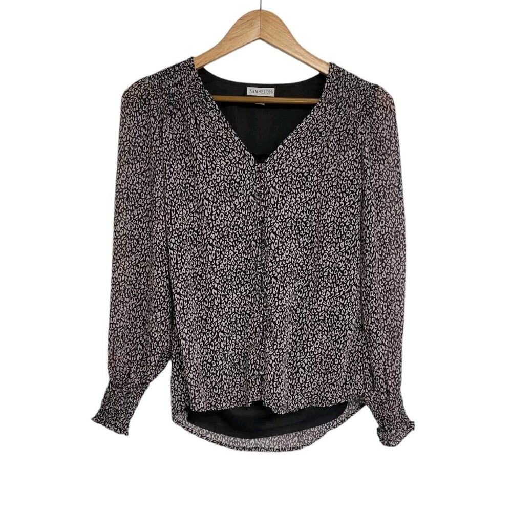 Sam and Jess Black Cheetah Animal Print Chiffon Long Sleeve V-Neck Top XS NWT